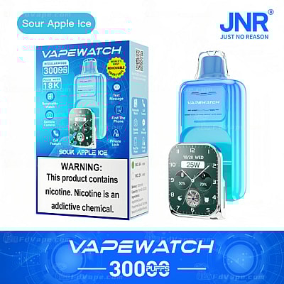 Emballage d'un produit VAPEWATCH au goût de Sour Apple Ice, montrant un appareil de vapotage de type montre avec un affichage numérique. Un texte avertit que le produit contient de la nicotine, une substance chimique addictive.