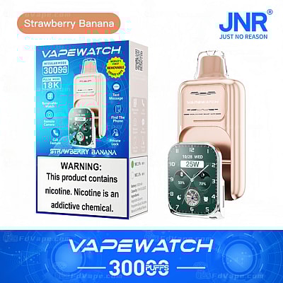 Texte alternatif : Emballage de la saveur fraise-banane de VAPEWATCH avec un dispositif de vapotage intelligent amovible et une montre. Étiquette d'avertissement sur la teneur en nicotine.