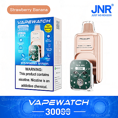 Texte alternatif : Emballage de la saveur fraise-banane de VAPEWATCH avec un dispositif de vapotage intelligent amovible et une montre. Étiquette d'avertissement sur la teneur en nicotine.