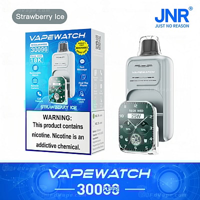 Emballage VapeWatch avec un avertissement sur la nicotine et une fonction de montre intelligente détachable, sous la marque Strawberry Ice de JNR.