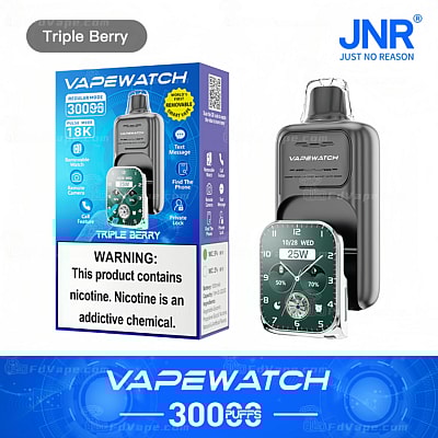Emballage et appareil d'une « Vapewatch » présentant des caractéristiques telles que la saveur Triple Berry, 3000 bouffées et une fonctionnalité de montre intelligente amovible. L'étiquette d'avertissement indique la teneur en nicotine.