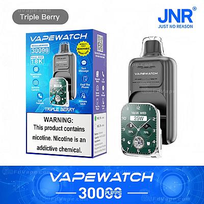 Emballage et appareil d'une « Vapewatch » présentant des caractéristiques telles que la saveur Triple Berry, 3000 bouffées et une fonctionnalité de montre intelligente amovible. L'étiquette d'avertissement indique la teneur en nicotine.