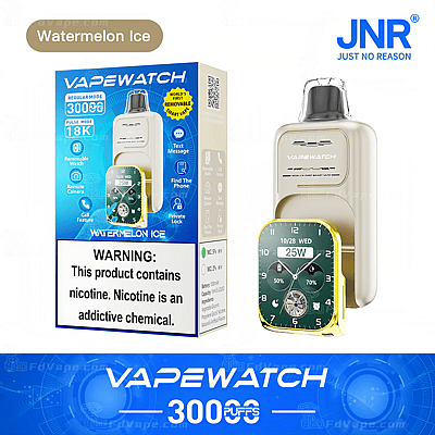 Emballage du produit « VapeWatch » présentant un appareil de vapotage de couleur crème avec une interface de montre numérique, étiqueté « Watermelon Ice », offrant 3000 bouffées et une étiquette d'avertissement sur la nicotine.
