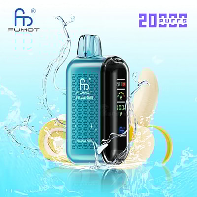 A Fumot electronic device with a blue casing and digital display, surrounded by splashes of water and banana slices, with "20000 puffs" text.