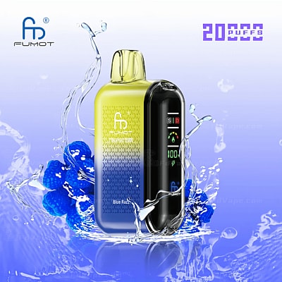 Vape device with a gradient yellow-blue design, surrounded by splashes of water and blue raspberries, displaying a digital screen and "20000 puffs" text.