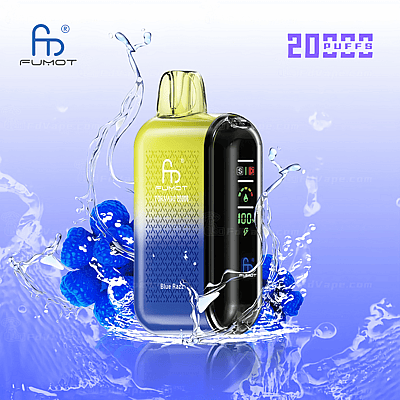 Dispositivo de vapeo con un diseño degradado de color amarillo azulado, rodeado de salpicaduras de agua y frambuesas azules, que muestra una pantalla digital y el texto "20000 bocanadas".