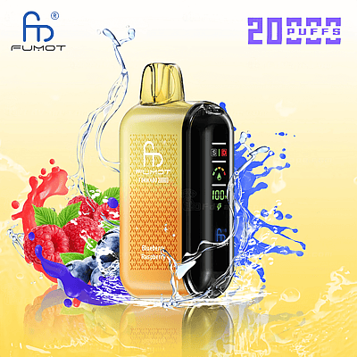 Dispositivo de vapeo electrónico con sabor “Blueberry Raspberry”, rodeado de frambuesas y arándanos, cuenta con pantalla digital y efecto splash.