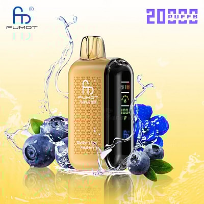 Vape device with a digital display, surrounded by blueberries and liquid splash, labeled "Fumot Tornado 20000 Puffs."