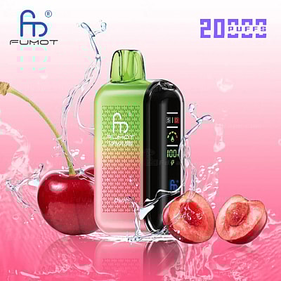 A colorful vaporizer with a digital display, surrounded by cherries and splashes of water, with the text "FUMOT" and "20,000 PUFFS."