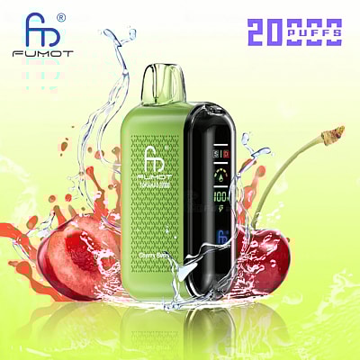 Green Fumot e-cigarette with cherry flavor splashing in water, displaying 20,000 puffs.