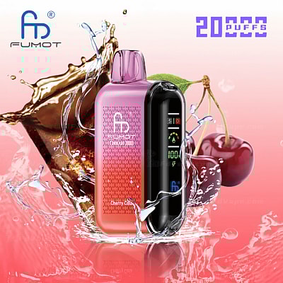 E-cigarette with cherry cola flavor and digital display, surrounded by splashes of liquid and cherries.