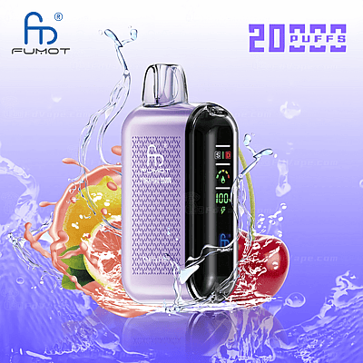 Dispositivo de vapeo FUMOT con cuerpo lavanda y pantalla digital negra que muestra el porcentaje de batería, el conteo de bocanadas e indicadores; rodeado de salpicaduras de agua e ilustraciones de frutas con el texto "20,000 PUFFS".