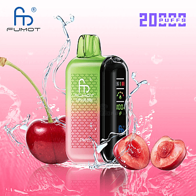 Un vaporizador colorido con pantalla digital, rodeado de cerezas y salpicaduras de agua, con el texto "FUMOT" y "20,000 PUFFS".