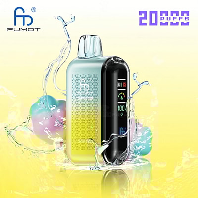 A Fumot vape device with water splashes, featuring a digital display and "20000 puffs" text on a yellow background.