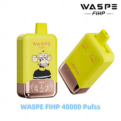 Een geel WASPE FIHP-vape-apparaat met een cartoon-afbeelding van een aap, functionaliteit voor twee smaken en een metalen onderkant met een digitaal display met het label '40000 Puffs'.
