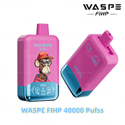 Roze en blauwe vape-apparaat met het merk "WASPE FIHP" met een cartoon-aap met een pet, de tekst "40000 Puffs" en twee smaken.
