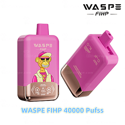 Roze wegwerp-vape-apparaat met een cartoon-aapontwerp, met het label "WASPE FIHP 40000 Puffs", voorzien van een systeem met twee smaken en een LED-display.