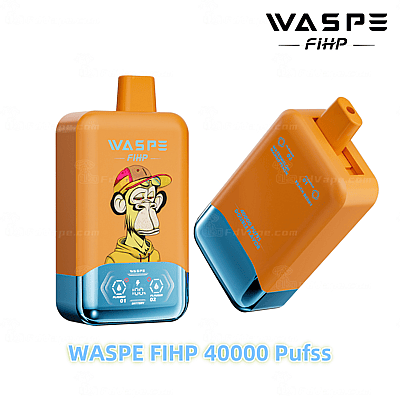 Een oranje en blauw WASPE FIHP wegwerp-vape-apparaat met een cartoon-aapontwerp en een digitaal display, met het label "40000 Puffs".