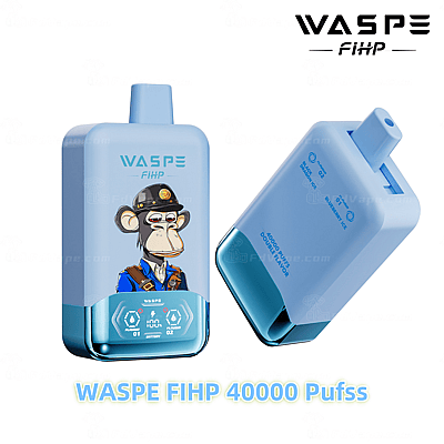 Een blauw WASPE FIHP vape-apparaat met een capaciteit van 40.000 trekjes, voorzien van een digitaal display en een cartoonillustratie van een aap in een blauw uniform en met een pet.