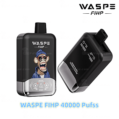 Een zwarte WASPE FIHP wegwerp-vape met een cartoon-illustratie van een aap, keuze uit twee smaken en het label "40000 Puffs".