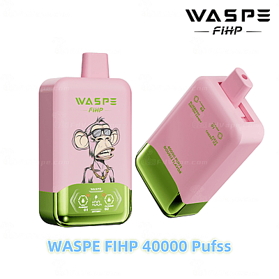 Roze en groene vape met het label "WASPE FIHP 40000 Puffs", met een cartoon-aapontwerp en twee smaken.