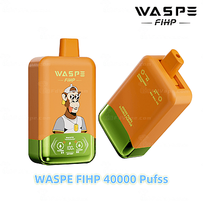 Oranje en groen WASPE FIHP vape-apparaat met een cartoon-aapontwerp, capaciteit van 40.000 trekjes en twee smaken weergegeven op een digitaal scherm.