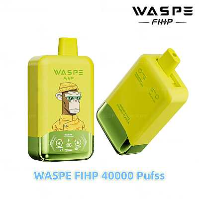Geel en groen vape-apparaat met het label "WASPE FIHP 40000 Puffs" en een cartoonillustratie van een aap met een gele hoed en jas, met twee smaken en digitale indicatoren op de voorkant.