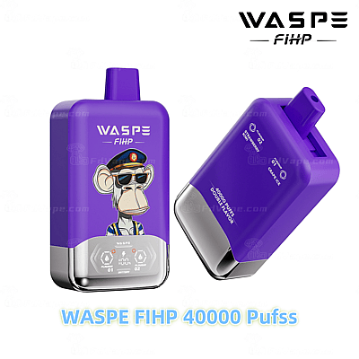 Een paars WASPE FIHP vape-apparaat met een cartoon-aapontwerp, digitale bediening en de mogelijkheid om twee smaken te kiezen, met het label "40000 Puffs Double Flavor."