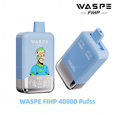 Blauw wegwerp-vape-apparaat met het label "WASPE FIHP 40000 Puffs", met een cartoonfiguurontwerp en dubbele smaakindicator.