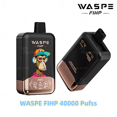 Een rechthoekig zwart en goudkleurig vape-apparaat met het label "WASPE FIHP" met een cartoon-afbeelding van een aap en de tekst "40000 Puffs" en "Double Flavor".