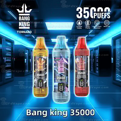 Tre färgglada vapeapparater för engångsbruk märkta "Bang King Tornado" med 35 000 puffar i en futuristisk blåupplyst bakgrund.