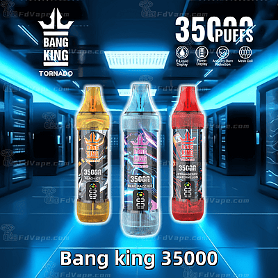 Tre colorati dispositivi di svapo usa e getta con l'etichetta "Bang King Tornado" con 35.000 boccate visualizzate su uno sfondo futuristico illuminato di blu.