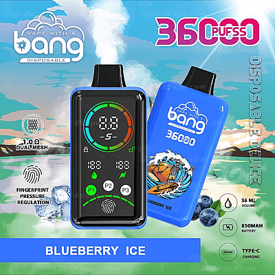 Dispositivo per svapo monouso blu con marchio "Bang", 36.000 boccate, aroma di mirtillo ghiacciato, regolazione della pressione tramite impronta digitale, display digitale, volume da 36 ml, batteria da 850 mAh e ricarica di tipo C.