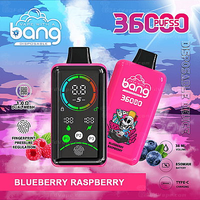 Dispositivo per svapo usa e getta con un design rosa brillante e nero, marchio "Vape with a Bang", 36.000 boccate, aroma mirtillo e lampone, volume di 36 ml, batteria da 850 mAh, ricarica di tipo C e regolazione della pressione tramite impronta digitale.