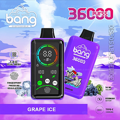 Vape-enhet med "Bang"-märke, märkt "Grape Ice"-smak, 36000 bloss, med digital display, fingeravtryckstryckreglering, Type-C-laddning och 850mAh-batteri, mot en lila himmel och bakgrund med druvtema.