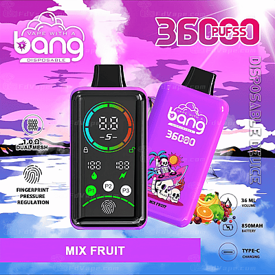 Una vivace pubblicità di un prodotto per lo svapo che mostra un dispositivo per lo svapo usa e getta viola con l'etichetta "Vape with a Bang", con "36.000 tiri" evidenziati, regolazione della pressione tramite impronta digitale, doppia bobina a maglie, ricarica Type-C e aromi di frutta misti, su uno sfondo colorato di cielo rosa e viola.