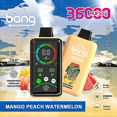 Dispositivo per svapo usa e getta con marchio "Bang", capacità di 36.000 boccate, aroma di mango, pesca e anguria, regolazione della pressione tramite impronta digitale, doppia mesh da 1,0Ω, volume di 36 ML, batteria da 850 mAh e ricarica di tipo C.