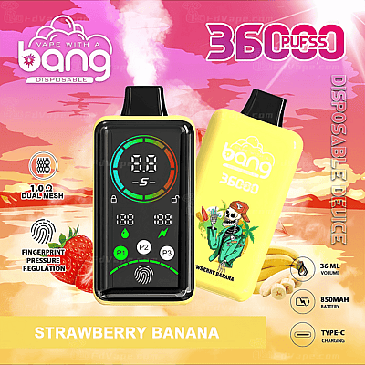 Una grafica colorata raffigurante un dispositivo per svapare e la sua confezione, etichettata "Strawberry Banana". Il dispositivo mostra uno schermo digitale che mostra informazioni sulla batteria e sul tiro, con icone aggiuntive che indicano funzionalità come la doppia maglia e la regolazione della pressione delle impronte digitali. Ci sono illustrazioni di fragole e banane sullo sfondo, sullo sfondo di un cielo rosa e arancione. Il testo evidenzia "36000 PUFFS" e specifica dettagli come un volume di 36 ML, una batteria da 850 mAh e una ricarica Type-C.