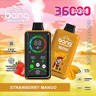 Un dispositivo per svapare colorato con 36000 boccate, aroma fragola e mango, capacità di 36 ml, batteria da 850 mAh, ricarica di tipo C, regolazione della pressione tramite impronta digitale e una bobina a doppia maglia da 1,0Ω.