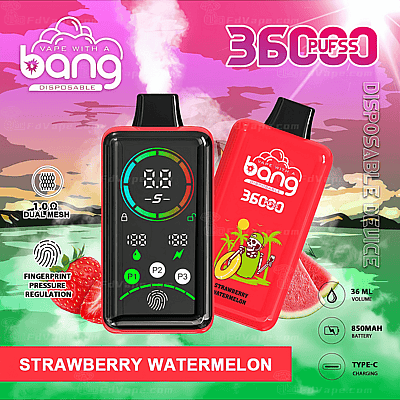 Dispositivo per svapo monouso rosso con marchio "Bang", 36.000 boccate, aroma fragola e anguria, regolazione della pressione tramite impronta digitale, display digitale, volume da 36 ml, batteria da 850 mAh e ricarica di tipo C.