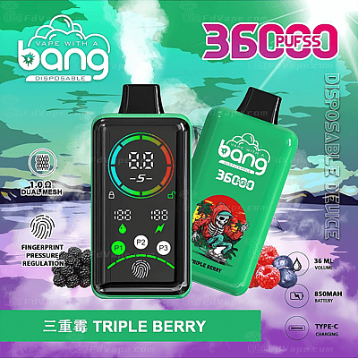 Una pubblicità colorata per un dispositivo per svapare usa e getta che presenta un'unità di controllo nera con un display digitale e un'unità per svapare verde con l'etichetta "TRIPLE BERRY". Lo sfondo include un paesaggio panoramico con nuvole e un accenno d'acqua, insieme alle specifiche del prodotto e alle icone per caratteristiche come una bobina a doppia maglia e dettagli sulla batteria.