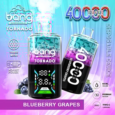 Vape descartável Bang Tornado, sabor Blueberry Grapes, 40.000 tragadas, com potência ajustável, carregamento Tipo C, volume de 40 ml e bateria de 850 mAh.