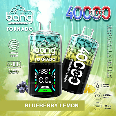 Bang Tornado disposable vape featuring "Blueberry Lemon" flavor, 40,000 puffs, three mesh coil, adjustable power, 40ml volume, 850mAh battery, and Type-C charging, with a vibrant green and yellow design.