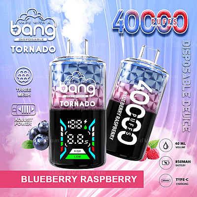 Bang Tornado disposable vape with 40,000 puffs, blueberry raspberry flavor, featuring 40ml volume, 850mAh battery, Type-C charging, adjustable power, and three mesh coils.