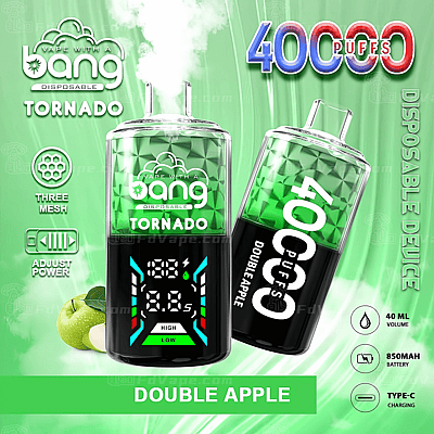 Bang Tornado disposable vape, Double Apple flavor, 40,000 puffs, featuring adjustable power, Type-C charging, 40ml volume, and 850mAh battery.