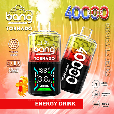 Bang Tornado disposable vape device with "Energy Drink" flavor, featuring 40,000 puffs, digital display, adjustable power, 40ml volume, 850mAh battery, and Type-C charging.