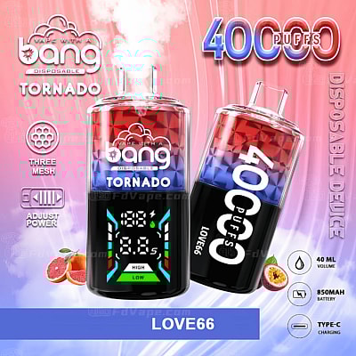 Dois dispositivos descartáveis para vaporizar Bang Tornado com 40.000 tragadas, visor digital, design de três malhas, potência ajustável, volume de 40 ml, bateria de 850 mAh e carregamento Tipo C, apresentando um gradiente de vermelho para azul e o nome do sabor "LOVE66".
