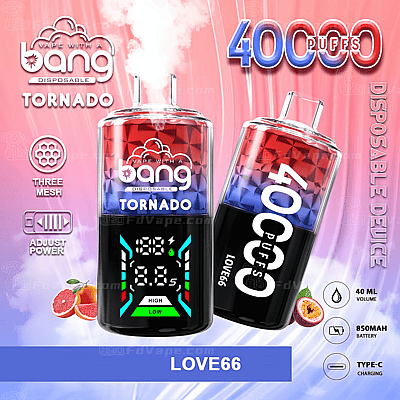 Two Bang Tornado disposable vape devices with 40,000 puffs, digital display, three mesh design, adjustable power, 40ml volume, 850mAh battery, and Type-C charging, featuring a red-to-blue gradient and the flavor name "LOVE66."
