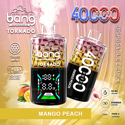 Bang Disposable Tornado vape device with 40,000 puffs, mango peach flavor, three mesh technology, adjustable power, 40 mL volume, 850mAh battery, and Type-C charging.