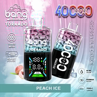 Dispositivo de vaporização descartável denominado "Bang Tornado" com 40.000 tragadas, sabor pêssego gelado, design colorido, visor digital, carregamento Tipo C, bateria de 850 mAh e volume de 40 ml.